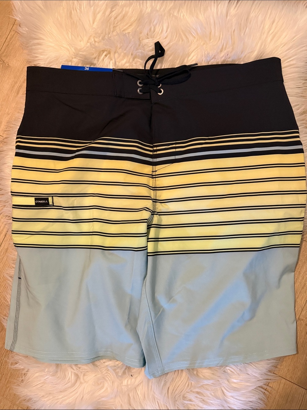 O'Neill Men's Black, Yellow & Light Blue Striped Boardshorts